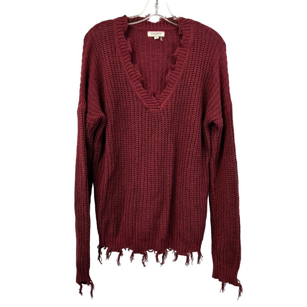 Andree by Unit Womens V-Neck Long Sleeve Distressed Knit Sweater Wine M